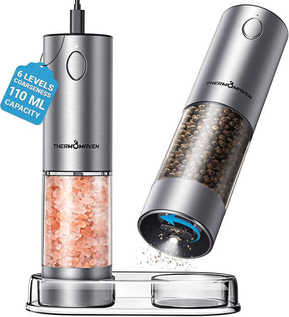 ThermoMaven Upgraded Larger Capacity Electric Salt and Pepper Grinder Set, 110ml Rechargeable Salt and Pepper Shaker with LED light, Stainless Steel Automatic Pepper Mill with 6 Adjustable Coarseness | Amazon (US)
