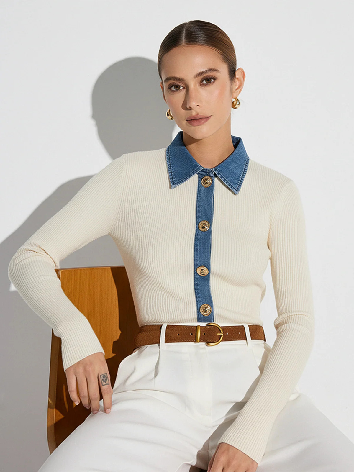 Wool Blend Denim Collar Metal Button Cardigan | Commense