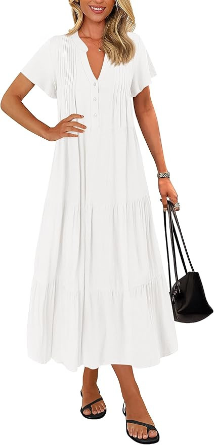 KIRUNDO Spring Maxi Dresses for Women 2025 Summer Flutter Sleeve V Neck Pleated Tiered Loose Mate... | Amazon (US)