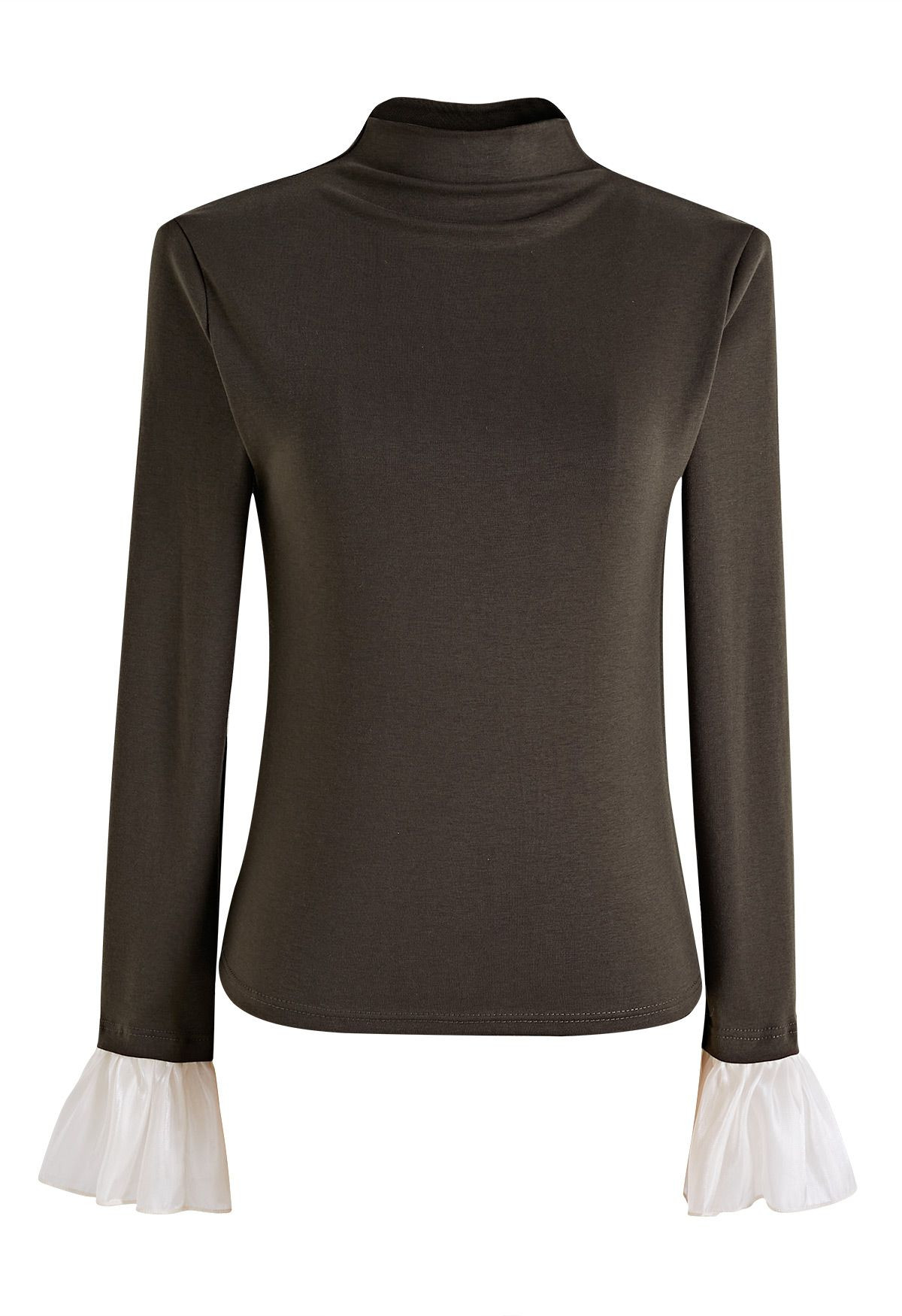 Organza Flare Cuffs Mock Neck Fitted Top in Brown for Office Days & Evening Meetups | Chicwish