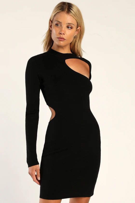 Falling Slowly Black Long Sleeve Cutout Bodycon Sweater Dress | Lulus (US)