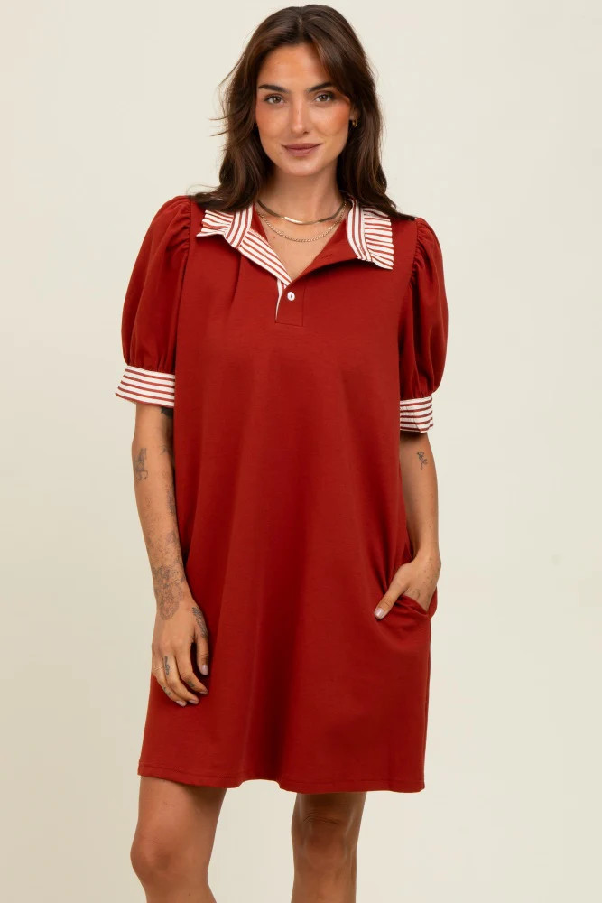 Rust Mock Neck Contrast Striped Trim Mini Dress | PinkBlush Maternity
