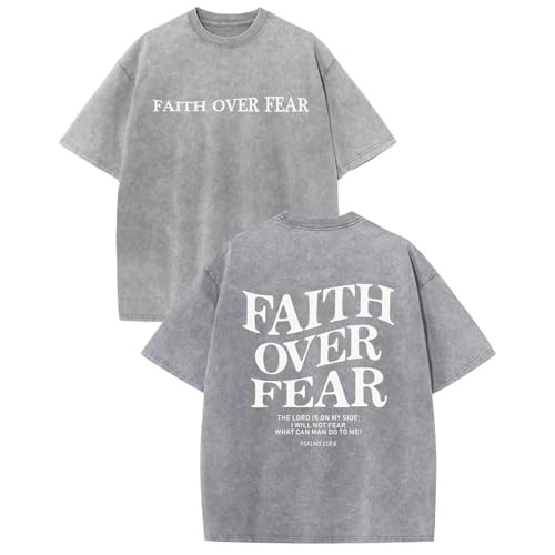 Weetiotio Christian Faith Over Fear Shirt for Men Jesus Religious Shirts Oversized Graphic Tees Acid Wash God T-Shirt(Light Gray,2XL) | Amazon (US)
