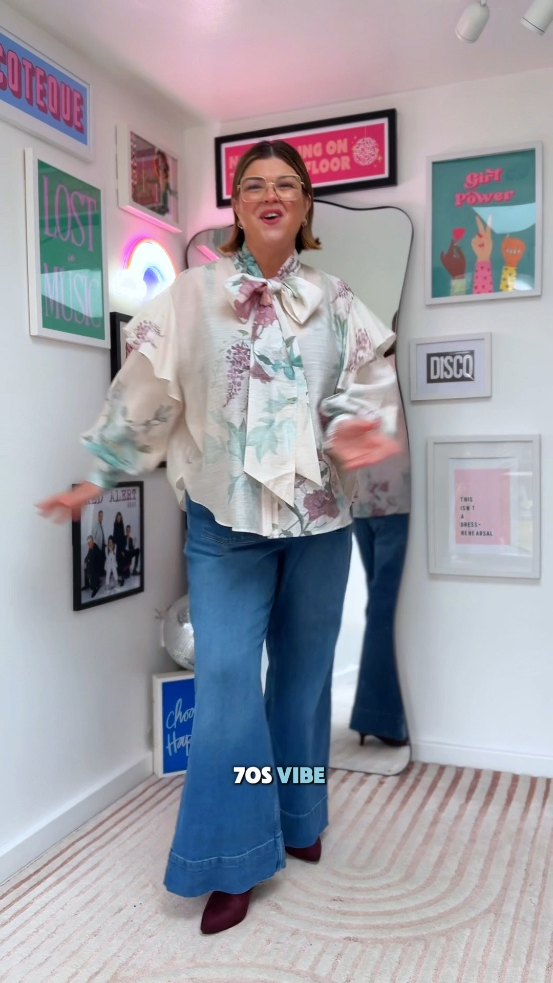 What are you thinking of this look.
I think it’s very 70s with the pussy bow and palazzo jeans.
This is very much a piece of me.

#LTKcurves #LTKover50style #LTKFashionMonth