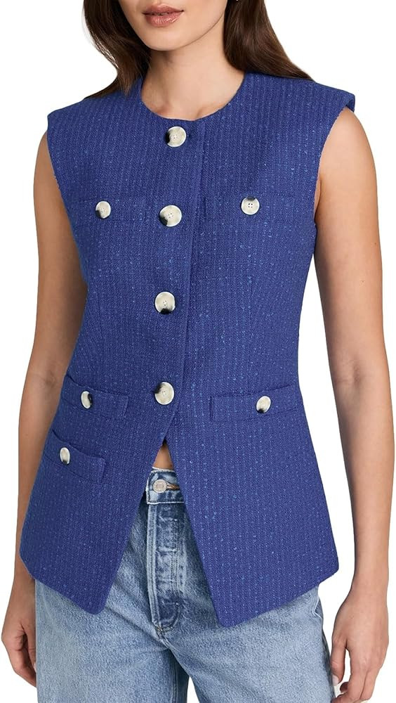 Women's Tweed Vest Sleeveless Button Down Summer Casual Blazer Jackets Collarless Work Office Ves... | Amazon (US)
