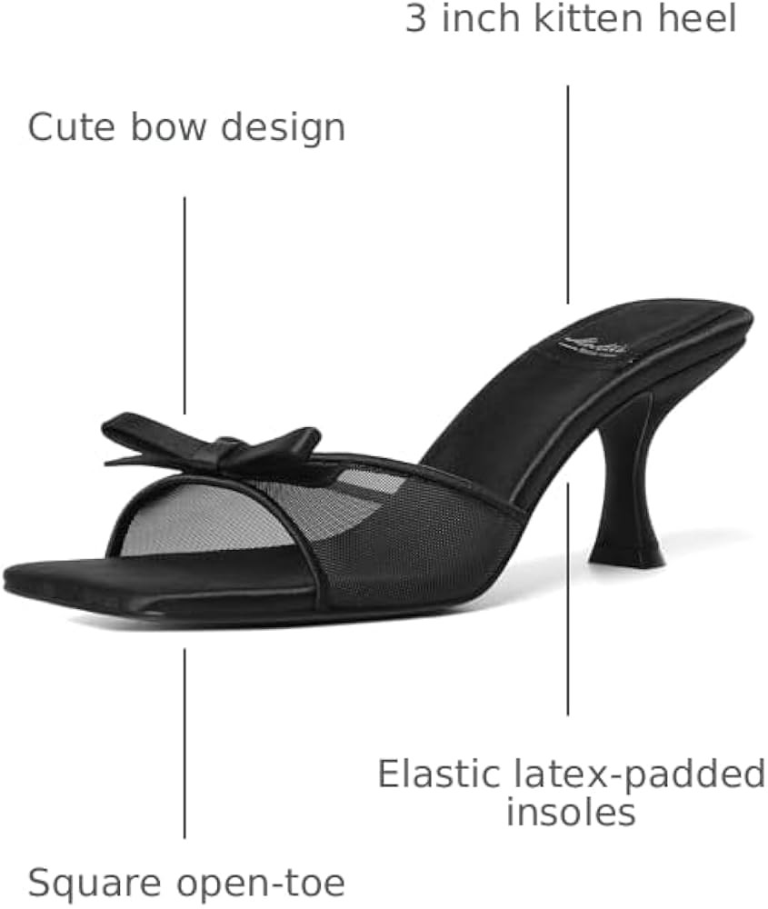 Amazon.com: Mostrin Black Mesh Kitten Heels for Women Open Square Toe Mule Heeled Sandals with Bo... | Amazon (US)