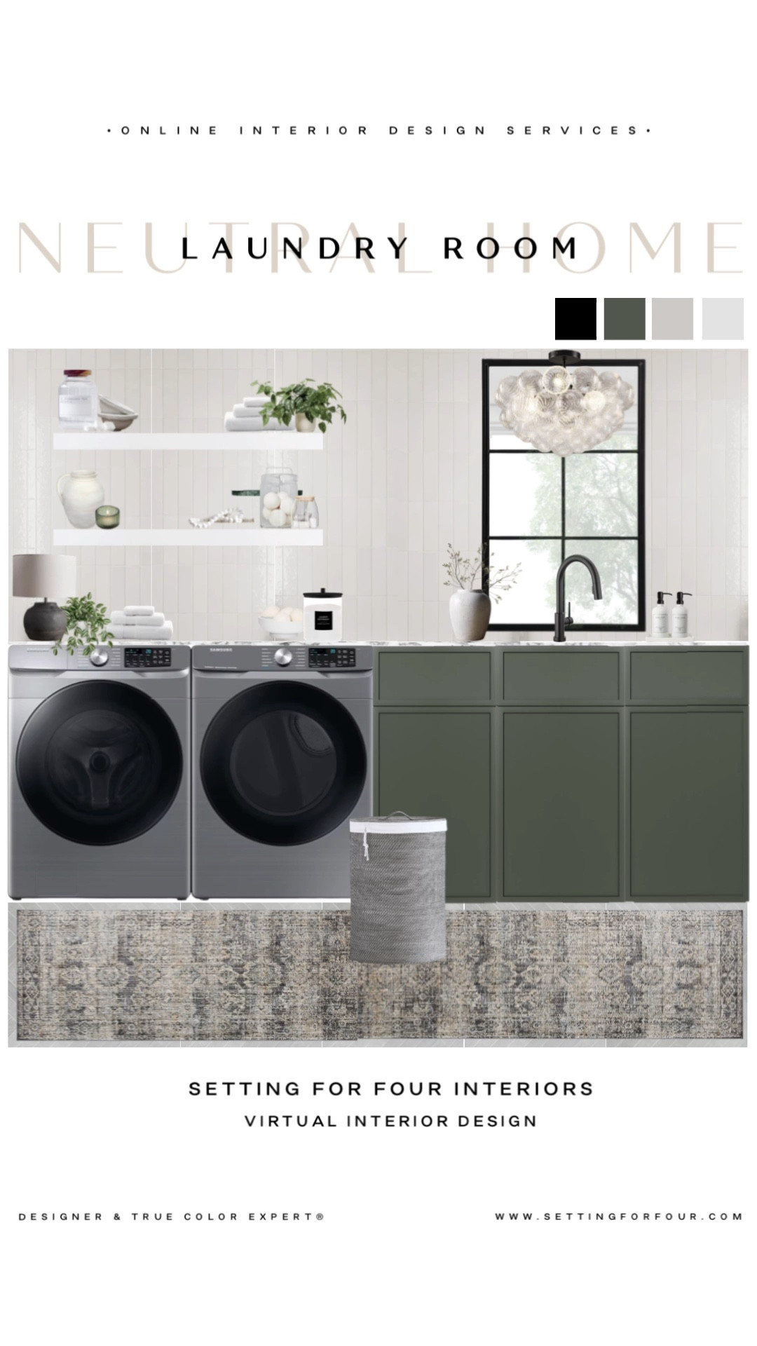 Modern laundry room - tile and decor ideas 
Neutral, organic modern, transitional, minimalist, green cabinets, floating shelf decor, runner rug, faucet, vase, laundry hamper, flush mount light, canister, storage, organizer, earthy, 

#LTKmomlife #LTKHome #LTKSaleAlert