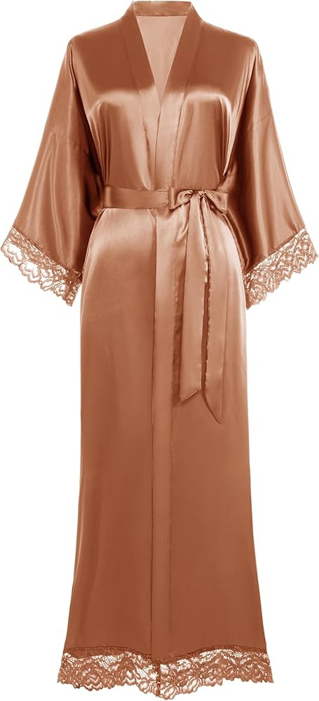 BABEYOND Satin Kimono Robe Silky Long Bridesmaid Wedding Lightweight Bath Robe with Lace Trim | Amazon (US)