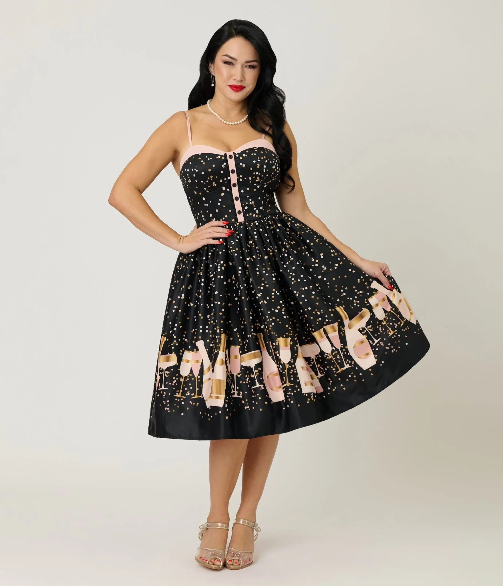 Unique Vintage Black Champagne Celebration Swing Dress | UniqueVintage