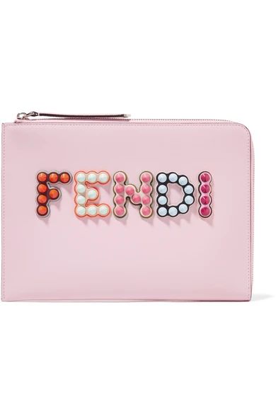 Fendi - Studded Appliquéd Leather Pouch - Pastel pink | NET-A-PORTER (UK & EU)