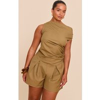 SHAPE khaki Woven Ruched One Sleeve ROMPER | PrettyLittleThing US