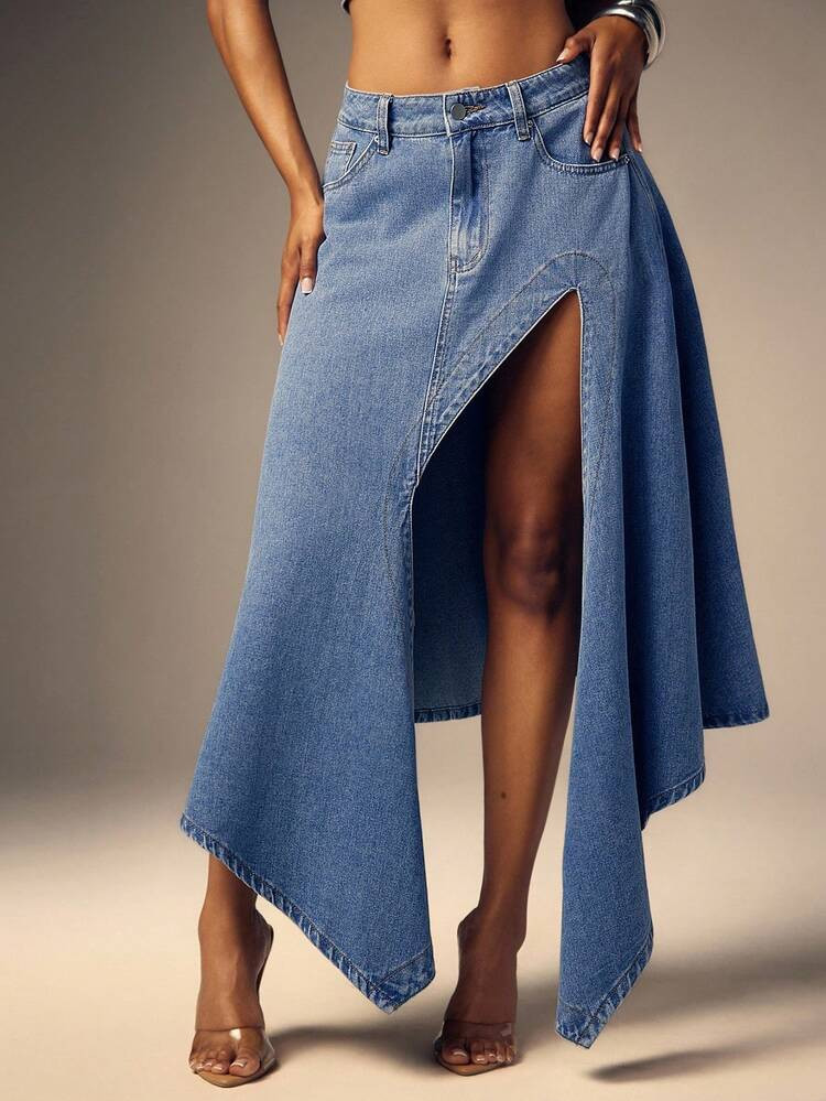 Denimoi Women's Casual Asymmetrical Slit Denim Skirt | SHEIN