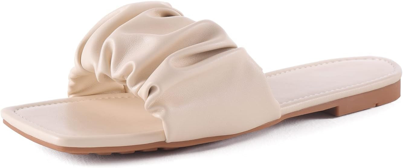 LACUONE Women's Flat Sandals Slip-on Ruched Slides Square Open Toe Slippers | Amazon (US)