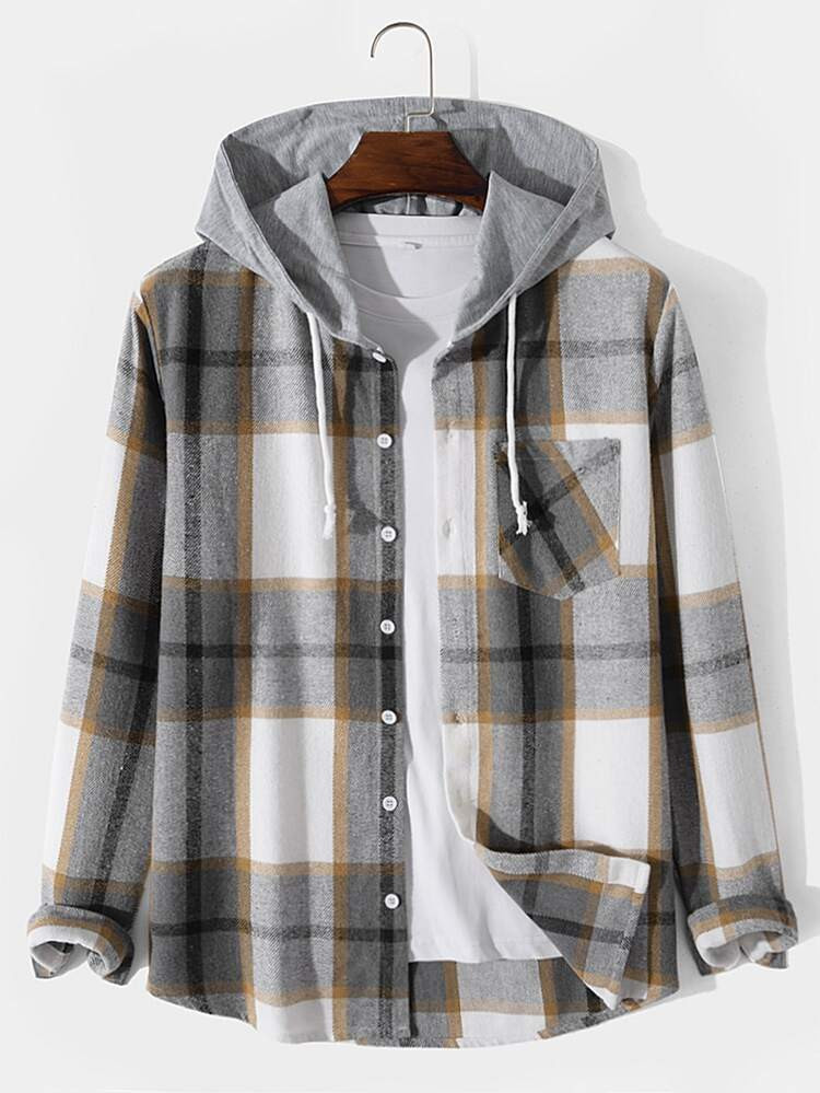 Men Plaid Patched Pocket Drawstring Hooded Coat Without Tee | SHEIN