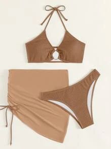 3pack Textured Ring Linked Bikini Swimsuit With Beach Skirt
   SKU: sw2111058493529669      
    ... | SHEIN