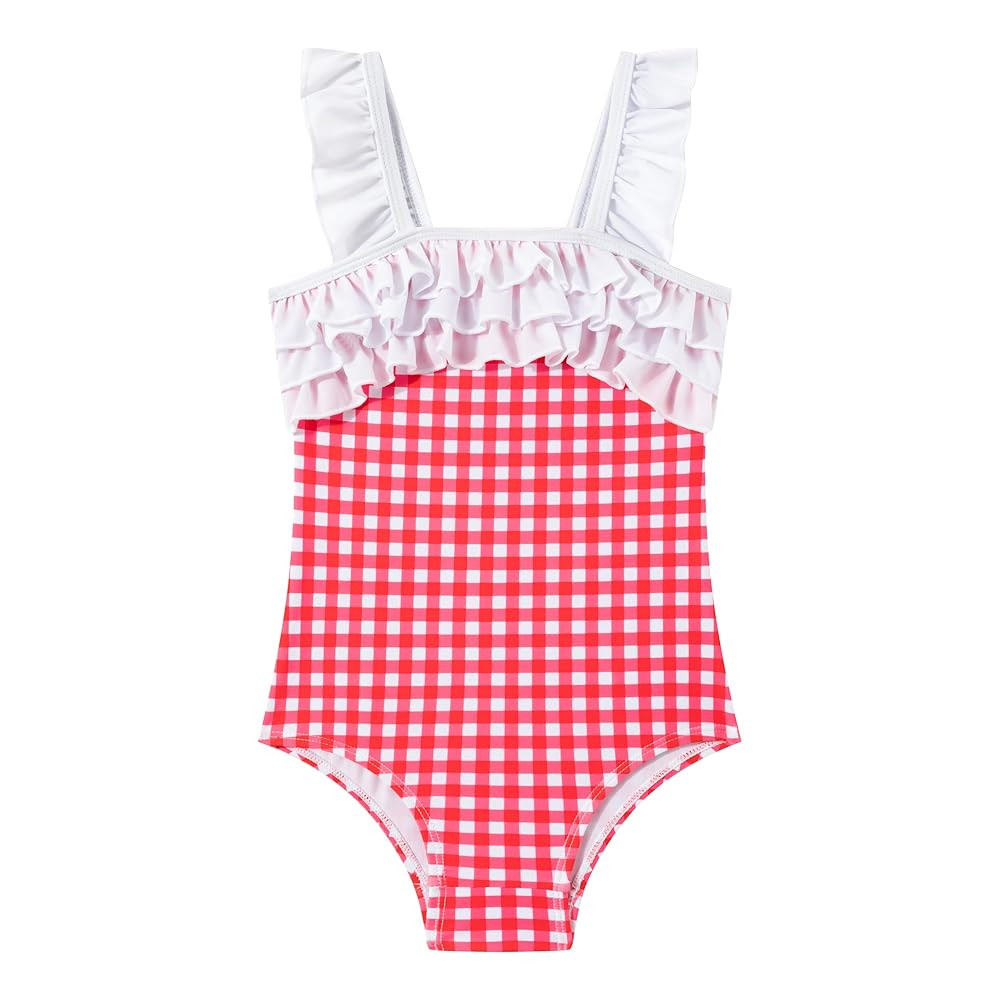 LIZENS Girls One Piece Swimwear with Ruffles in Checkered Bright Colors Bathing Suit for Kids | Amazon (US)