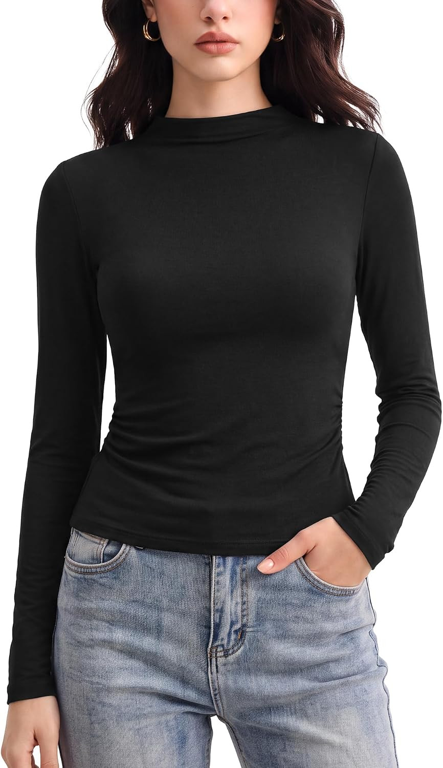 Women's Mock Turtle Neck Long Sleeve Shirts Merino Wool Knit Tops Fitted Slim Fit Basic Tees Cozy Embrace Collection | Amazon (US)