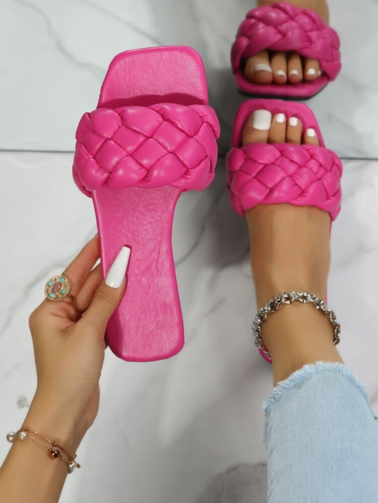 Funky Hot Pink Flat Slippers for Women, Braided Detail Plain Artificial Leather Open Toe Slide Sa... | SHEIN