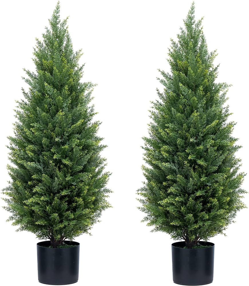 ECOLVANT Two 3ft (35'') Artificial Cedar Topiary Trees Indoor Outdoor UV Rated Potted Plants Arti... | Amazon (US)