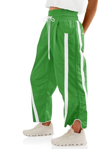 Fisoew Women's Baggy Wide Leg Pants Casual Drawstring Elastic Waisted Contrast Color Workout Y2K Track Pants Green | Amazon (US)