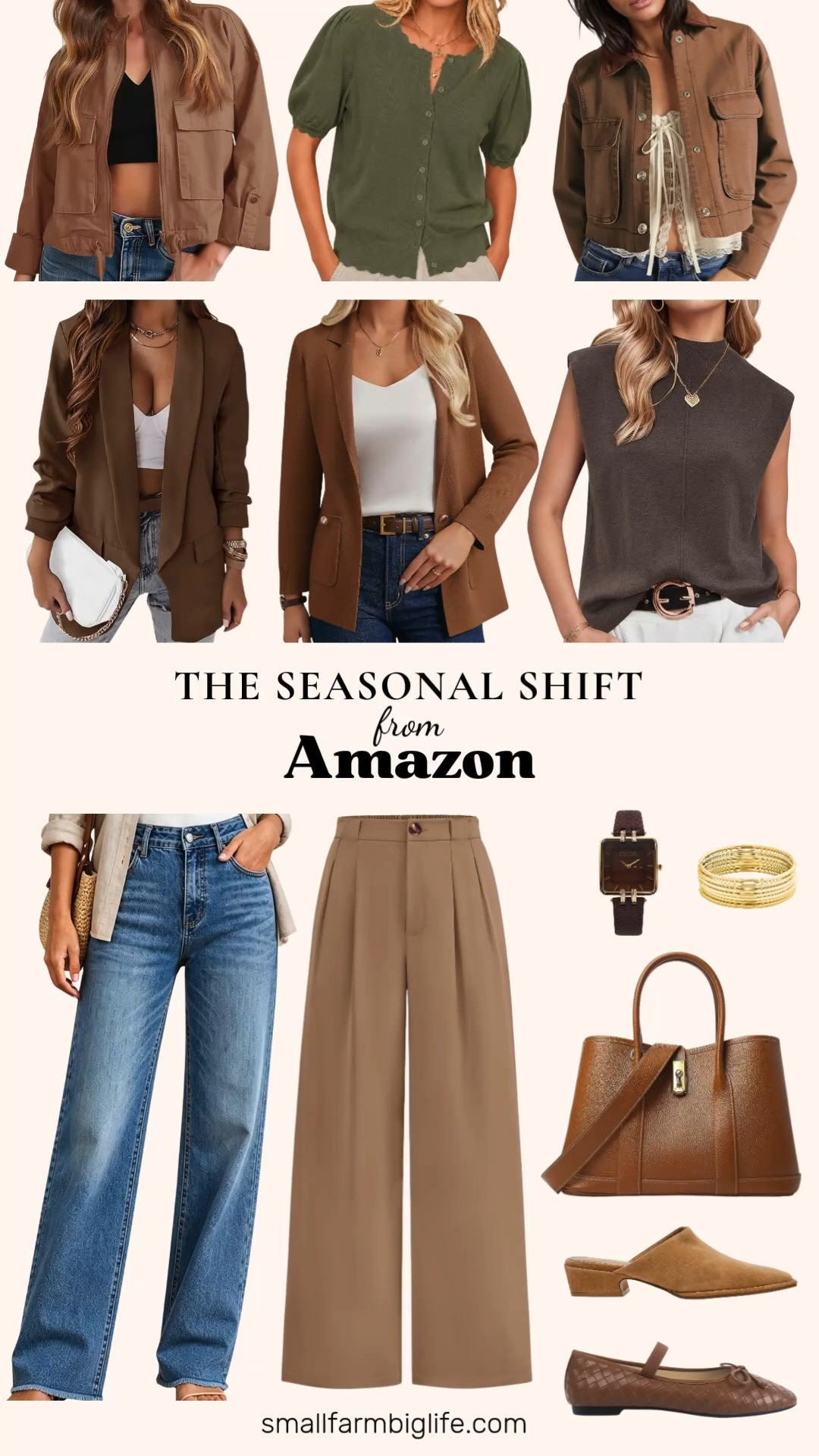 Sharing my favorite Amazon finds for shifting your closet into the new season.

The cognac leather top handle satchel is a fashion forward genuine leather bag perfect for work or daily wear. Pair it with the coffee brown oversized business casual blazer or the rust brown sweater blazer for a polished fall look.

For denim, the blue high waisted straight leg jeans have a raw hem and tummy control fit that is trendy and comfortable. The dark khaki wide leg dressy trousers are a great alternative for a business casual outfit.

Outerwear is strong this season too. The brown cropped military safari coat and the brown contrast collar barn jacket are both great transitional layers for fall.

The olive green scalloped crewneck cardigan and the brown wool blend mock neck sweater vest bring soft, versatile layers to any outfit.

For shoes, the tan suede heeled mules and the light brown woven Mary Jane ballet flats with a bow detail are both comfortable and stylish options.

Rounding it out, the glossy thin round bangle bracelet set and the chocolate brown and gold leather strap watch add the perfect finishing touches to any fall look.

#amazonfashion #fallwardrobe #falltransition #amazonfashionfinds #fallstyle 

 #LTKootd #LTKOver40 #LTKWorkwear