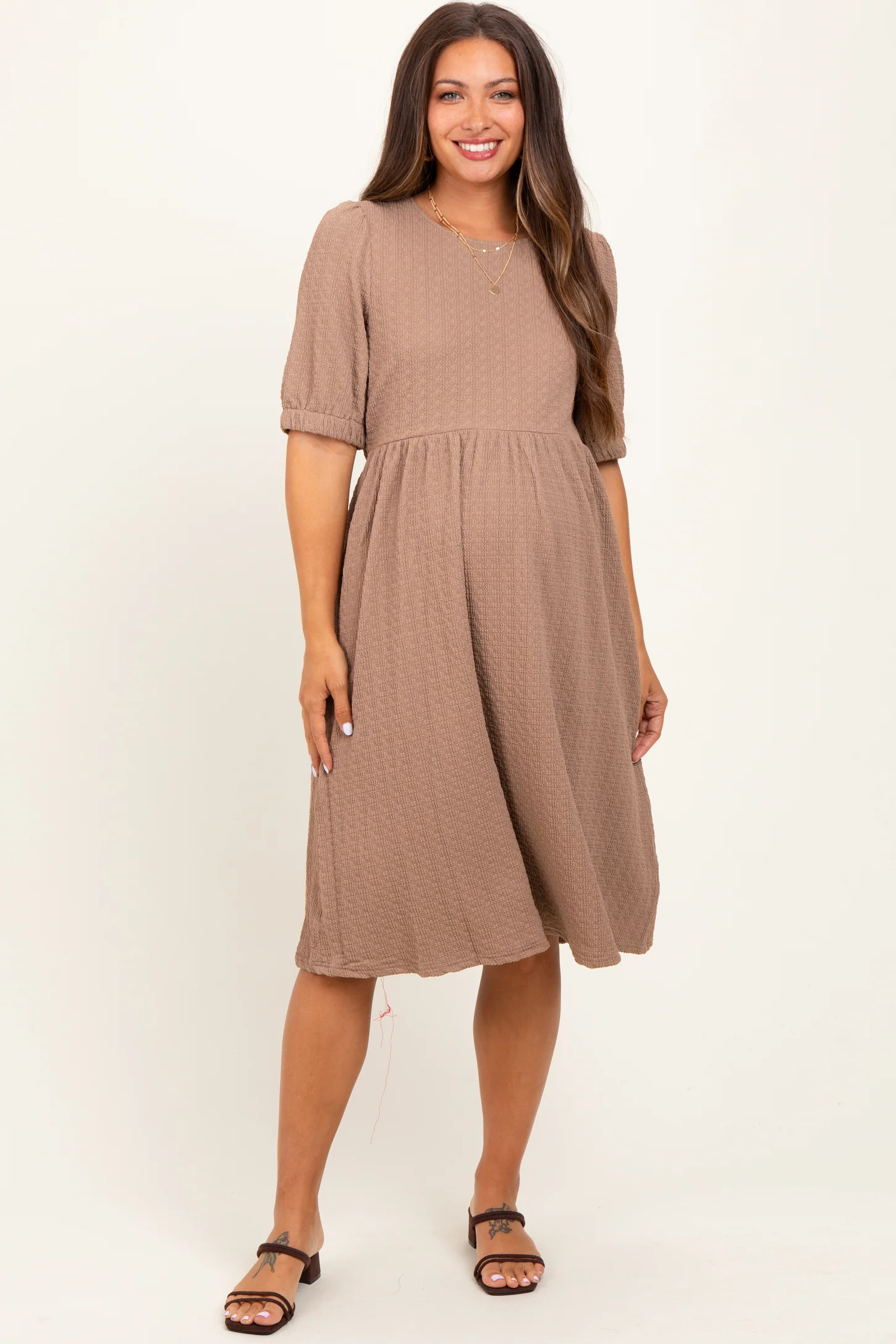 Taupe Textured Knit Puff Sleeve Maternity Midi Dress | PinkBlush Maternity