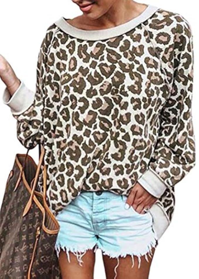 ECOWISH Women's Casual Leopard Print Pullover Long Sleeve Sweatshirts Top Blouse | Amazon (US)