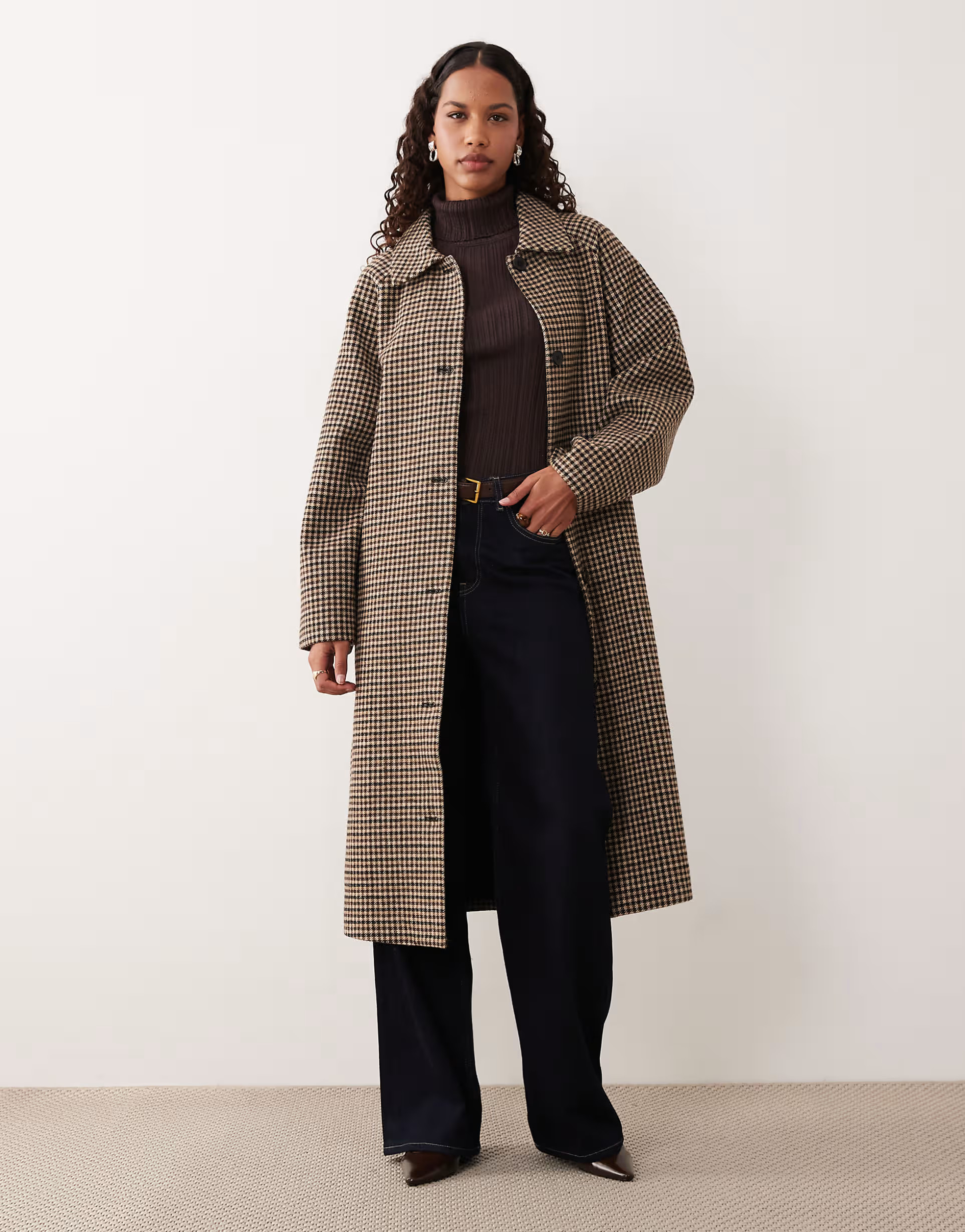 JDY belted longline coat with wool in brown checks | ASOS (Global)