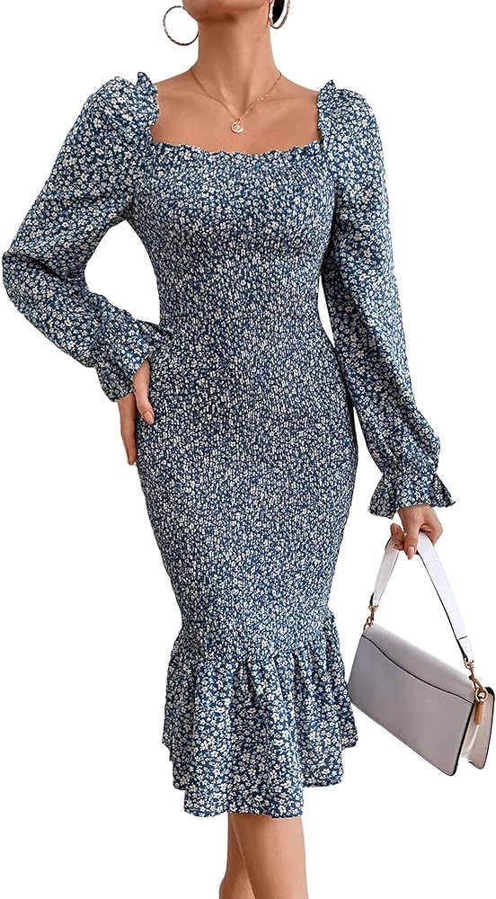 PRETTYGARDEN Women's Long Puff Sleeve Floral Midi Bodycon Dresses Square Neck Ruffle Mermaid Smoc... | Amazon (US)