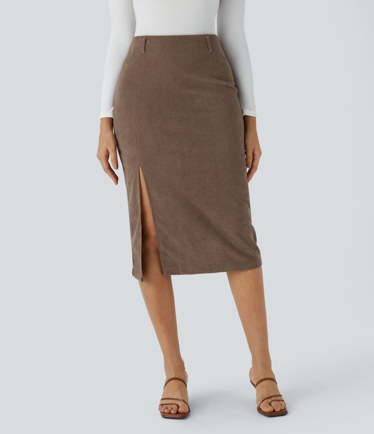 High Waisted Hem Midi Corduroy Casual Skirt | HALARA