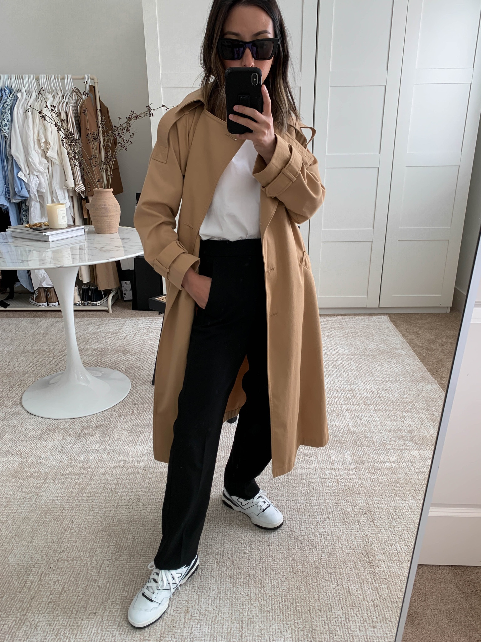 New j.crew Kate trousers. Petite trousers. These are fantastic. The length is actually petite-friendly. Very comfortable  too. 

Trench - ASOS petite 00 (old)
Tee - Everlane medium
Pants - J.crew petite 0
Sneakers - New Balance 4.5
Sunglasses - YSL