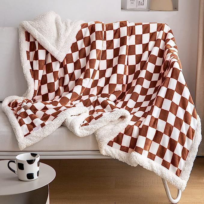 LOMAO Sherpa Throw Blanket Fleece Blanket with Checkered Pattern Soft Thick Blanket for Couch, Be... | Amazon (US)