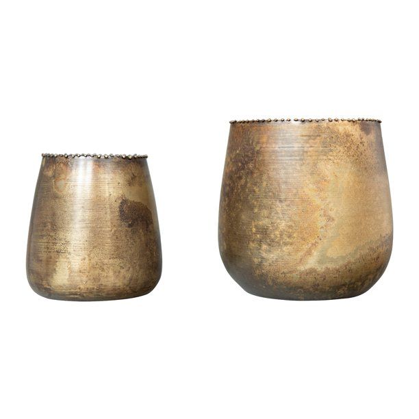 Creative Co-Op Distressed Brass Metal Planters with Rim Beading (Set of 2 Sizes) | Walmart (US)