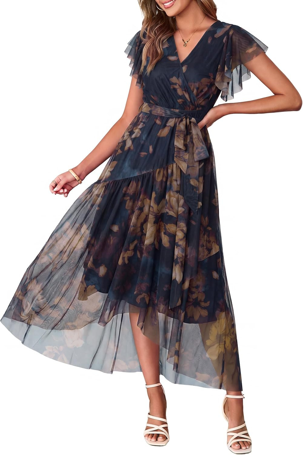Simplee Womens Summer Floral Maxi Dress 2026 Short Sleeve V Neck Belted Mesh Hem Split Flowy Beach Wedding Guest Dresses | Amazon (US)