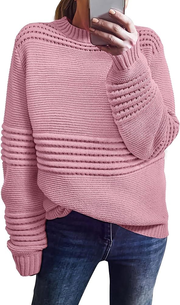 KIRUNDO Womens Sweaters 2023 Fall Long Sleeve Crew Neck Crochet Pit Striped Oversized Casual Chun... | Amazon (US)