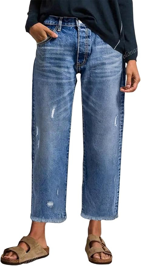 EVALESS Wide Leg Jeans for Women Stretchy Distressed Washed Straight Leg Loose Frayed Raw Hem Den... | Amazon (US)