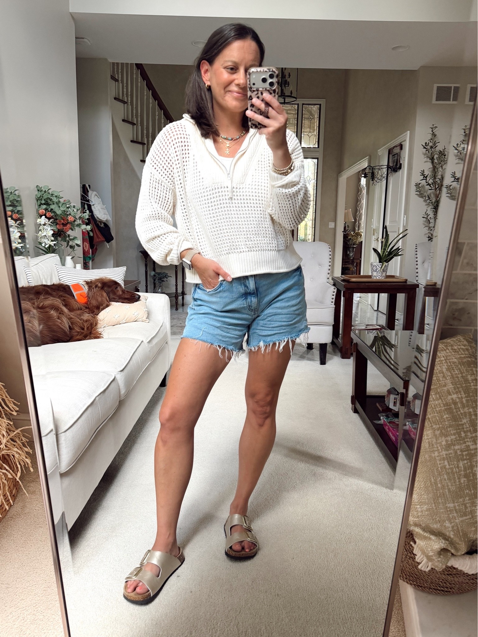 Casual mom outfit idea! Sweater runs true to size - I’m in the small! Jean shorts run small - I’m in the 27.

#LTKootd #LTKOver40 #LTKmomlife