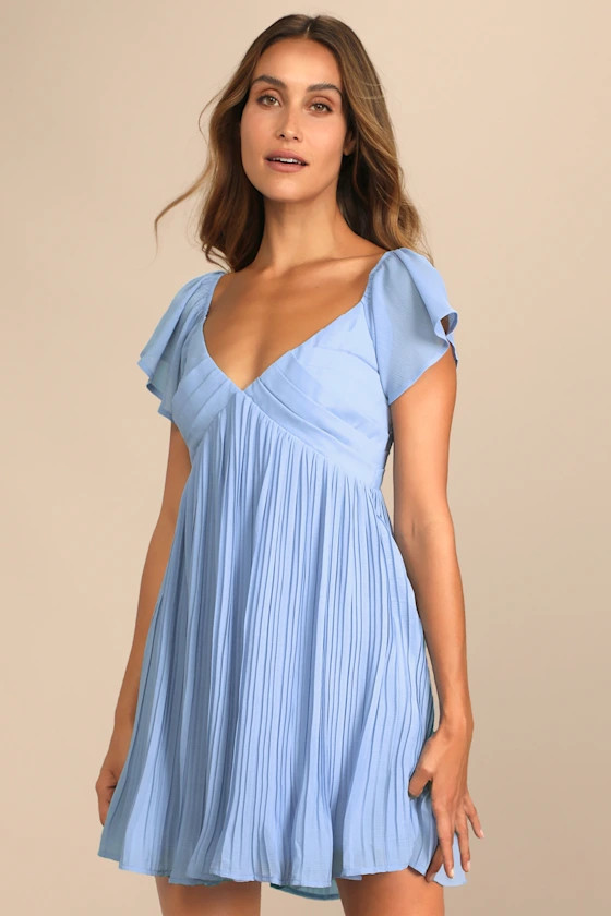 Amalfi Coast Light Blue Pleated Flutter Sleeve Mini Dress | Lulus