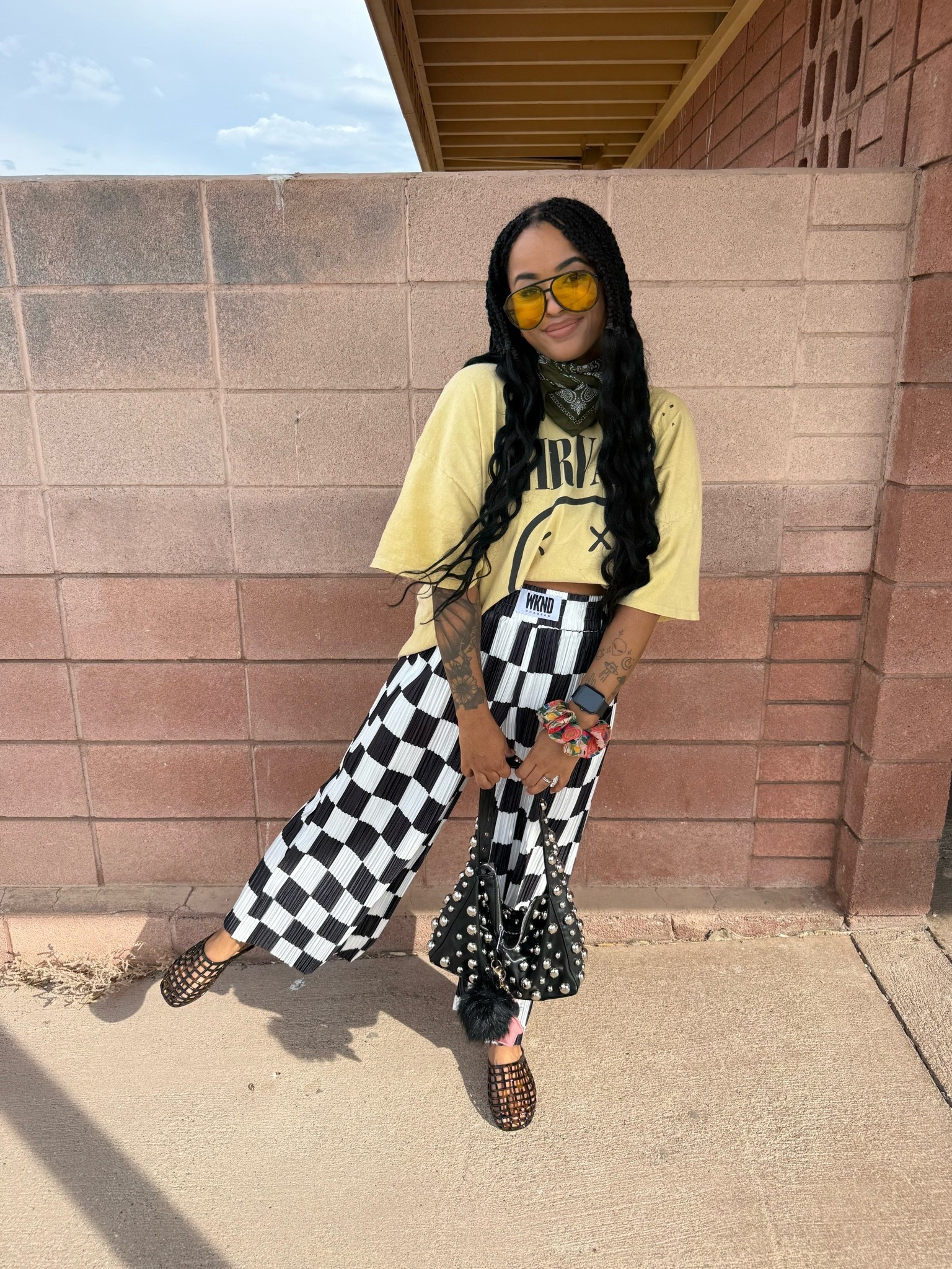 band tee + fun print pants + studded bag + jellies + joy✨ 

{code: JULIETTENICHOLS for a discount on all the fun WKND Chasers pants 🥹🫶🏾}  #dopaminedressing

#LTKdayinmylife #LTKootd #LTKmomlife