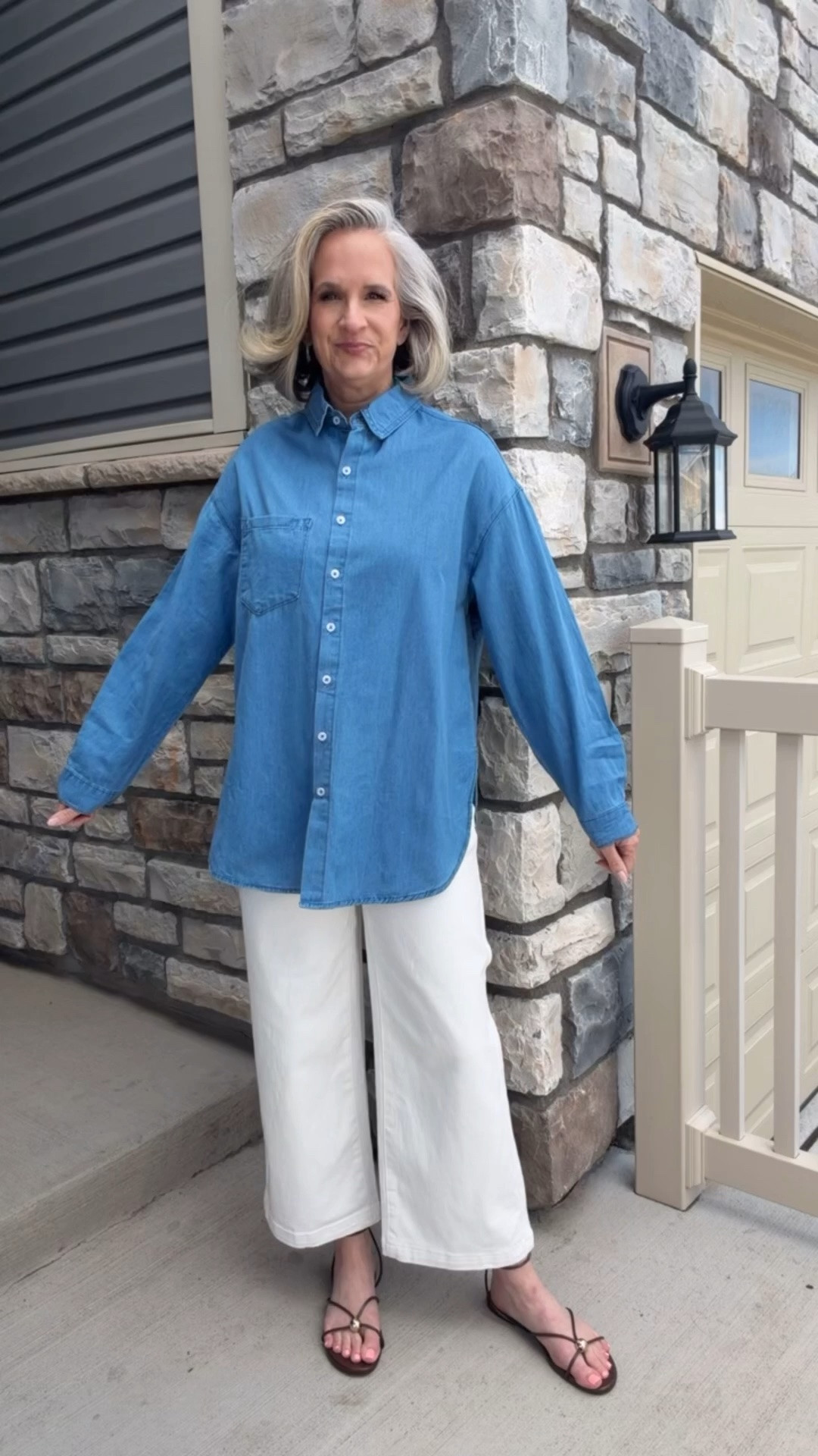 Add instant polish with your styling.
Open the neckline to create a v neck and roll or cuff the sleeves to change the visual dimensions.

Amazon, midlife style, tips and tricks, over 50, denim shirt, white denim, look alike sandals, affordable fashion

#LTKootd #LTKOver40 #LTKSaleAlert
