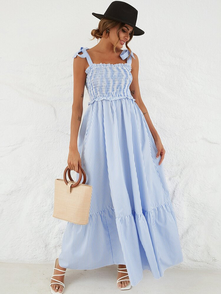 Striped Tie Shoulder Shirred Bodice Dress | SHEIN