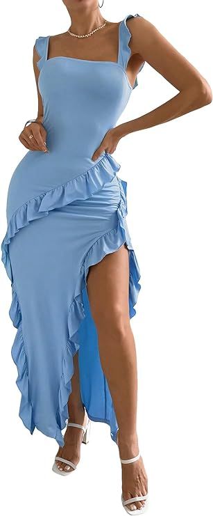Floerns Women's Ruffle Trim Sleeveless Asymmetrical Slit Hem Party Long Cami Dress | Amazon (US)