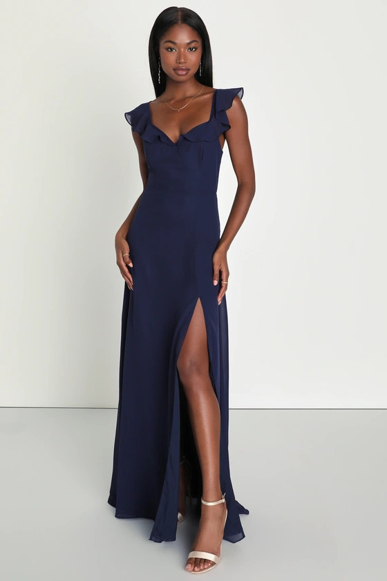 Sweetest Entrance Navy Blue Ruffled Tie-Back Maxi Dress | Lulus