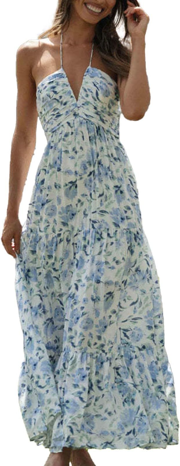 Women's 2024 Summer Halter Neck Boho Long Floral Dress Backless Ruffle Hem Flowy Tiered Maxi Sund... | Amazon (US)