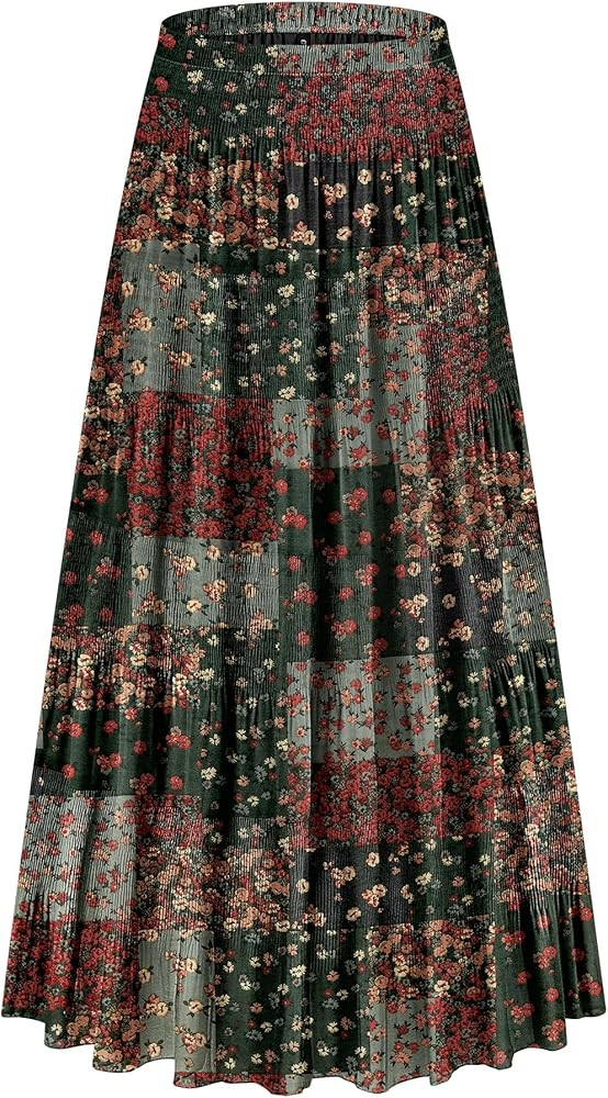 CYiNu Women's Chiffon Elastic High Waist Tiered Pleated Floral Printed A-Line Boho Long Maxi Skir... | Amazon (US)