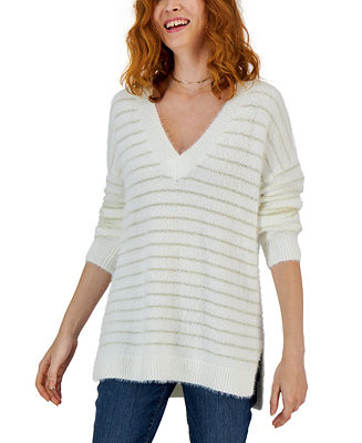 INC International Concepts Women's Fuzzy Oversized Metallic-Stripe V-Neck Sweater, Created for Ma... | Macys (US)