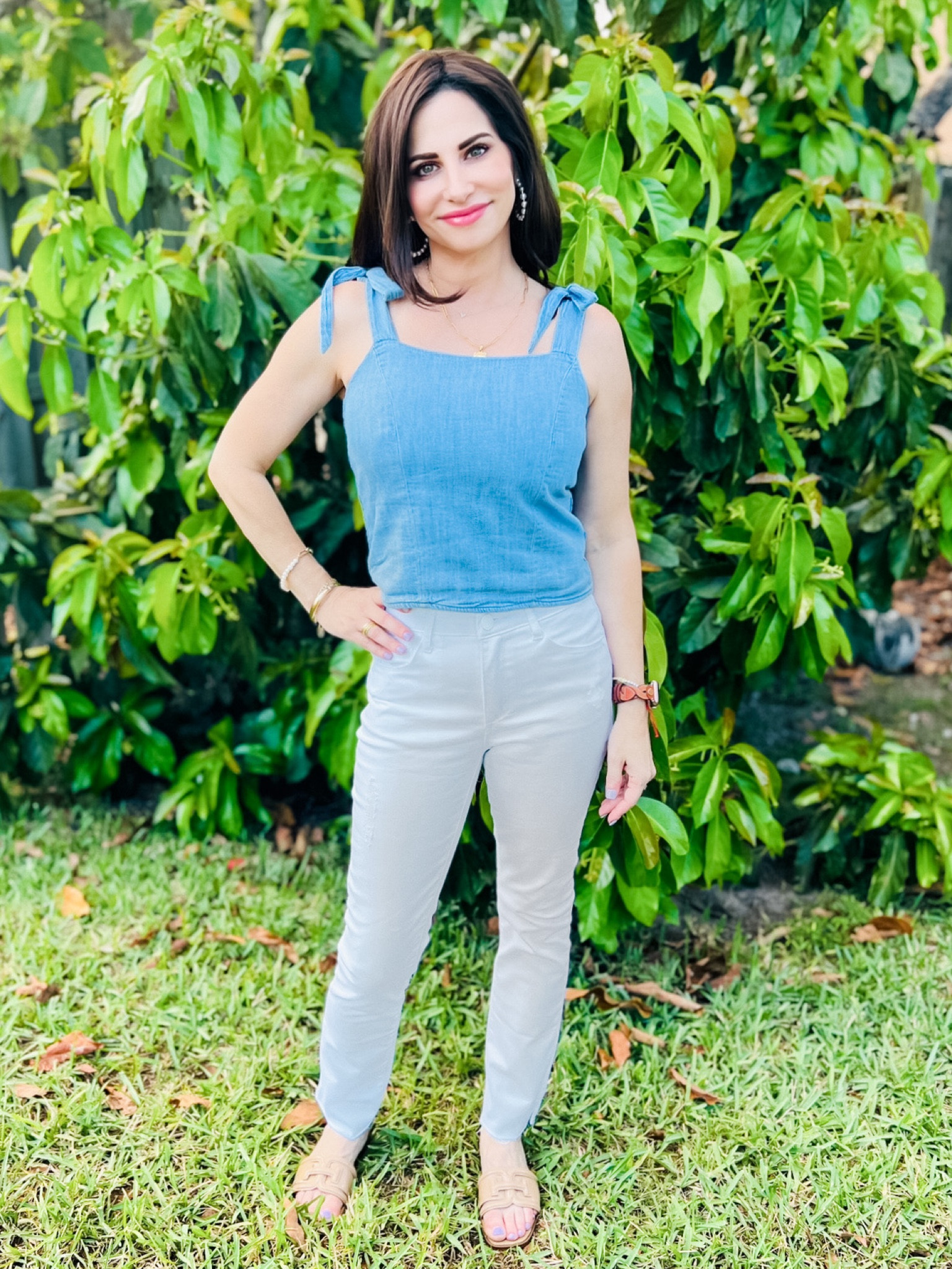 Top has smocked in the back. Tie should straps. This chambray top has so much versatility. 
Size sm 
Jeans 24 
Outfit 30% off 

#LTKSeasonal #LTKsalealert #LTKstyletip