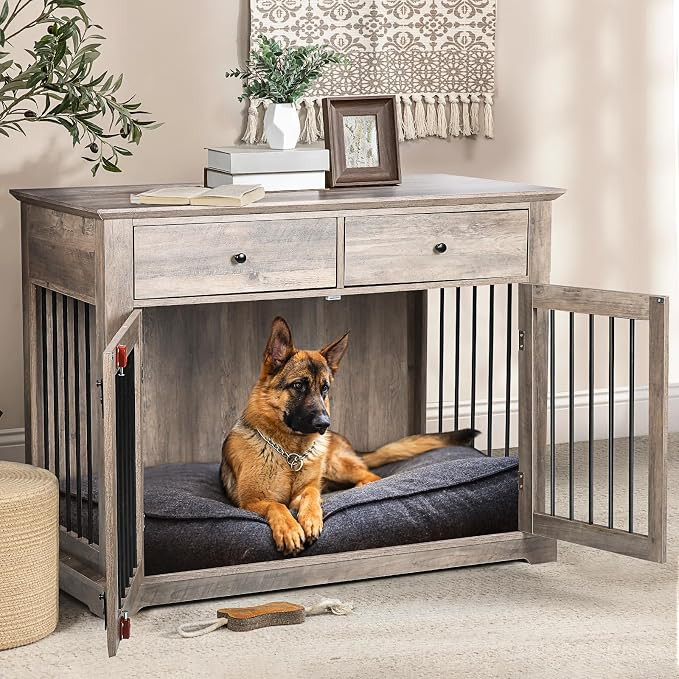 LEMBERI 44 Inch Large Dog Crate Furniture with 2 Storage Drawers, Wooden Dog Kennel Furniture as ... | Amazon (US)