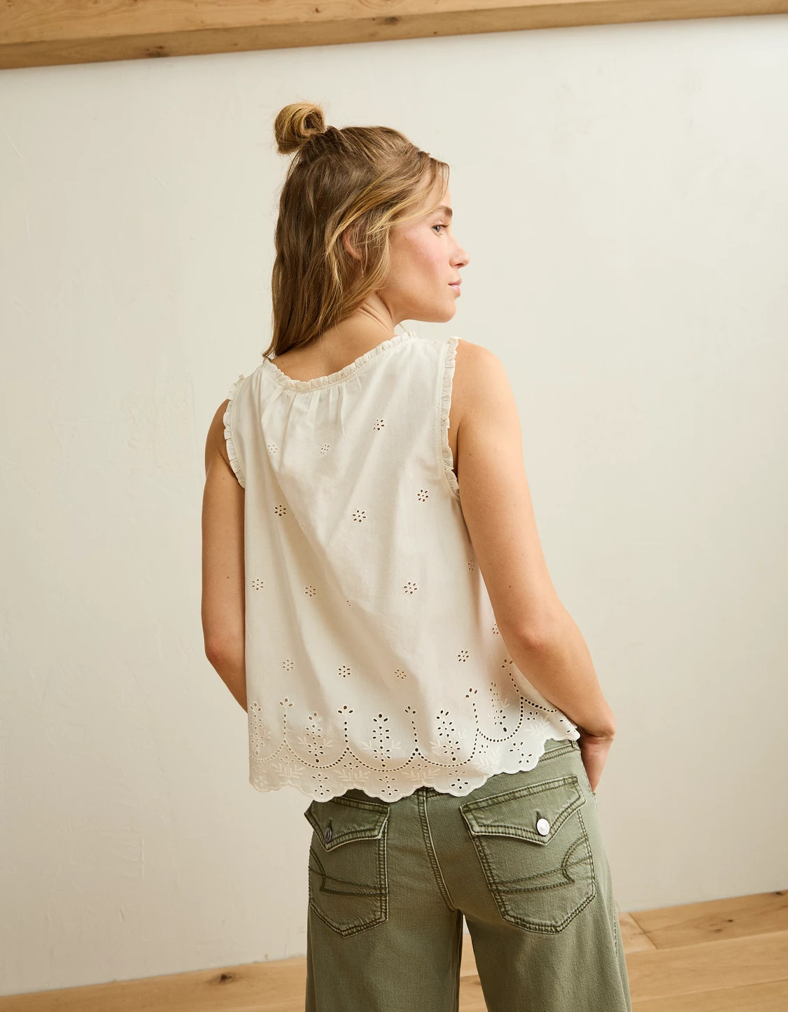 AE Ruffle-Neck Eyelet Button-Up Top | American Eagle Outfitters (US & CA)