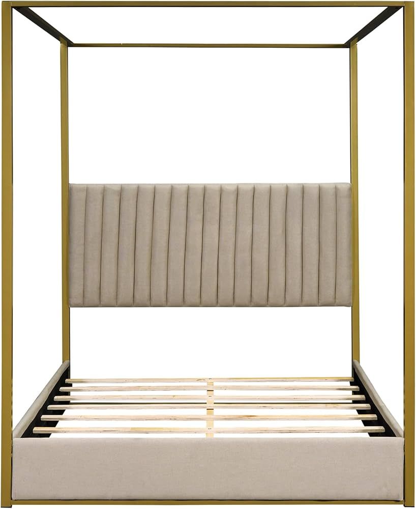 Modern 4-Poster Canopy Platform Bed Queen Size with Channel Upholstery Tufted Headboard, Gold Met... | Amazon (US)